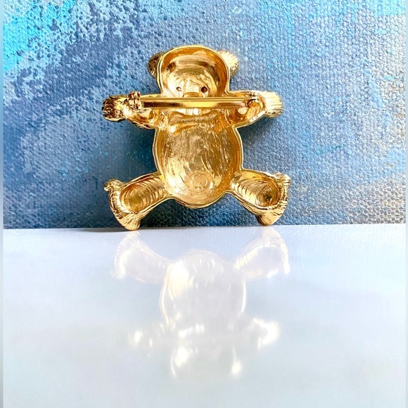 VTG ST. JOHN 24K Gold Teddy Bear Brooch with Enamel Black Bow & White Belly RARE - Picture 2 of 5